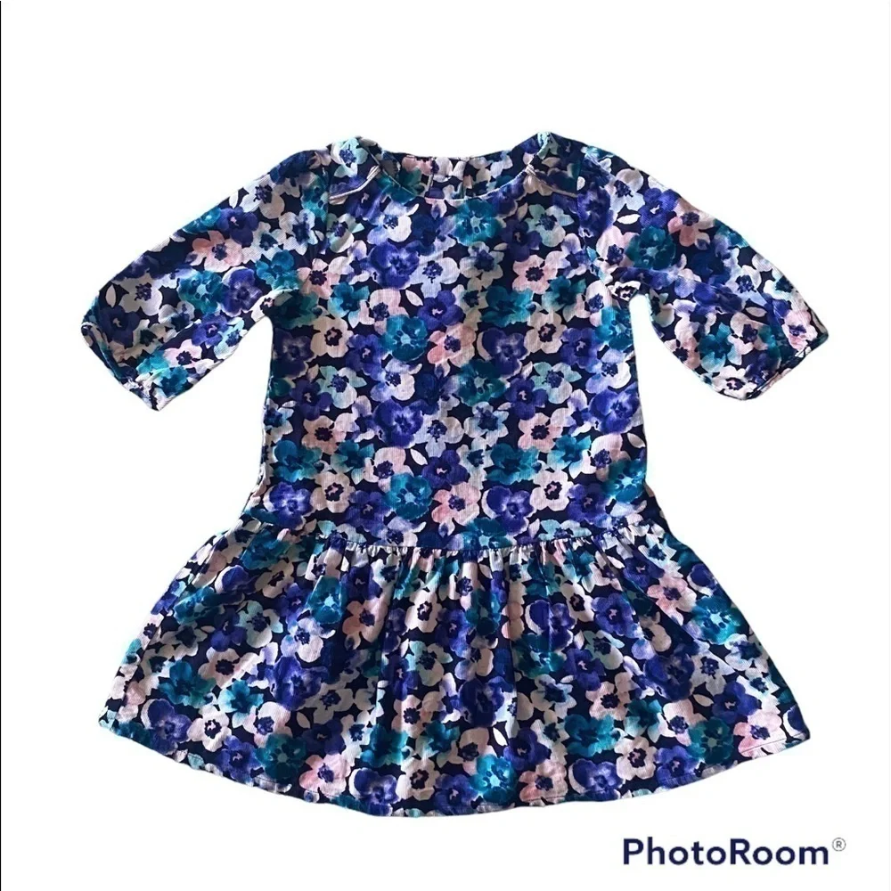 GYMBOREE, girls stunning dress, blue floral corduroy, 3 button back